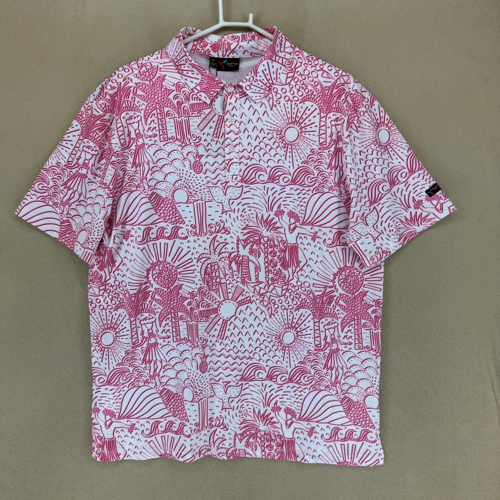Yatta Golf Mens Xl Shaka Life White Pink All Over Print Short Sleeve Polo Shirt